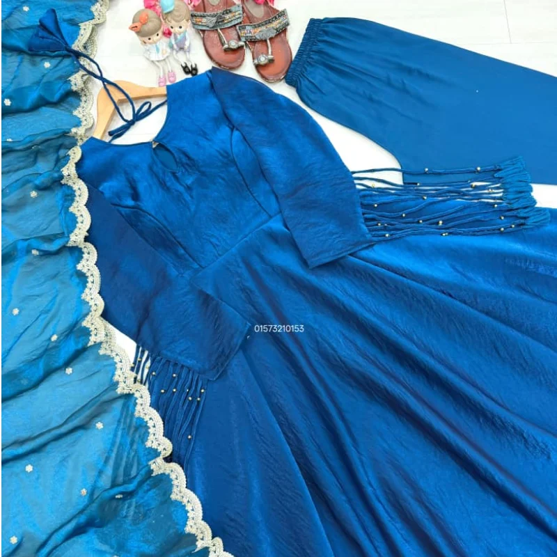 Premium Royal Blue Fandy Crush Silk Party Wear Gown with Embroidered Dupatta & Bottom Set